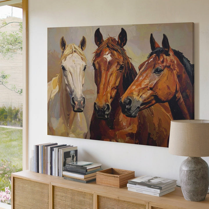 Three Horse Heads Canvas – Traditional Equestrian Portrait Art - Gifitto
