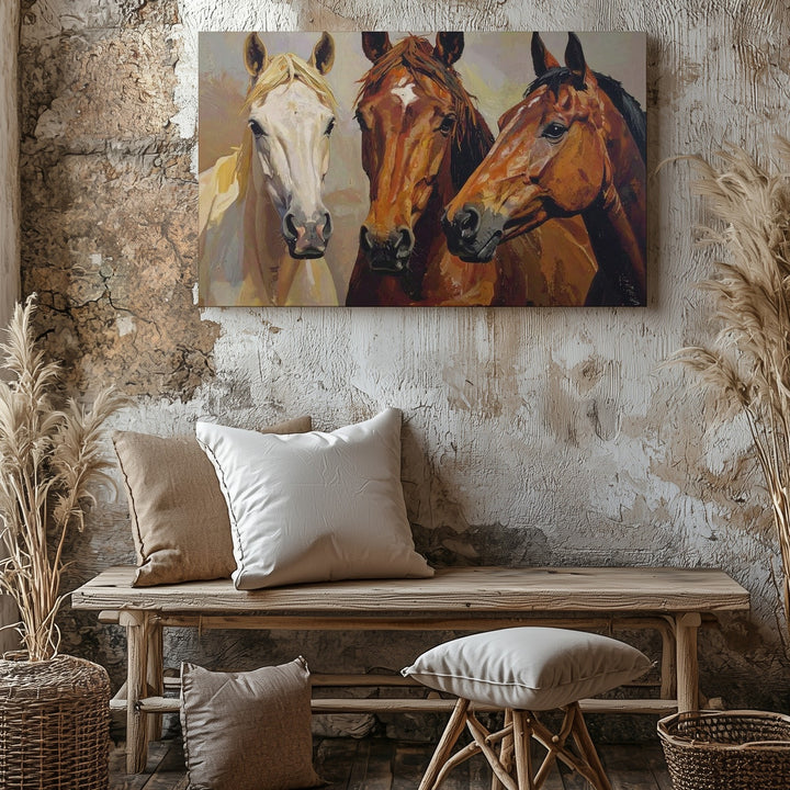 Three Horse Heads Canvas – Traditional Equestrian Portrait Art - Gifitto