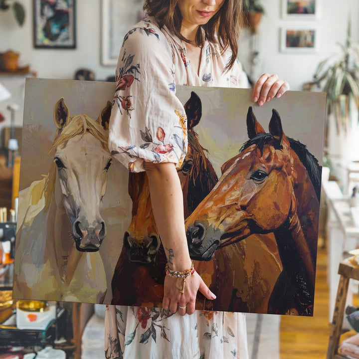 Three Horse Heads Canvas – Traditional Equestrian Portrait Art - Gifitto