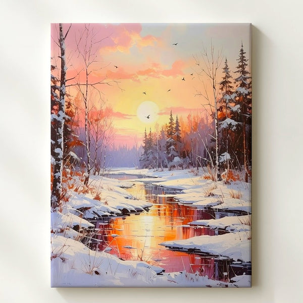Golden Sunset Winter River Canvas – Serene Snowy Forest Landscape