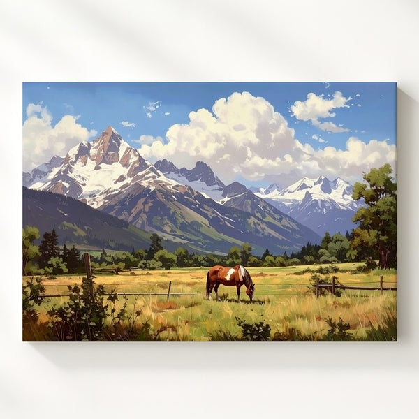 Serene Grazing Horse Canvas – Peaceful Pastoral Landscape Wall Art - Gifitto