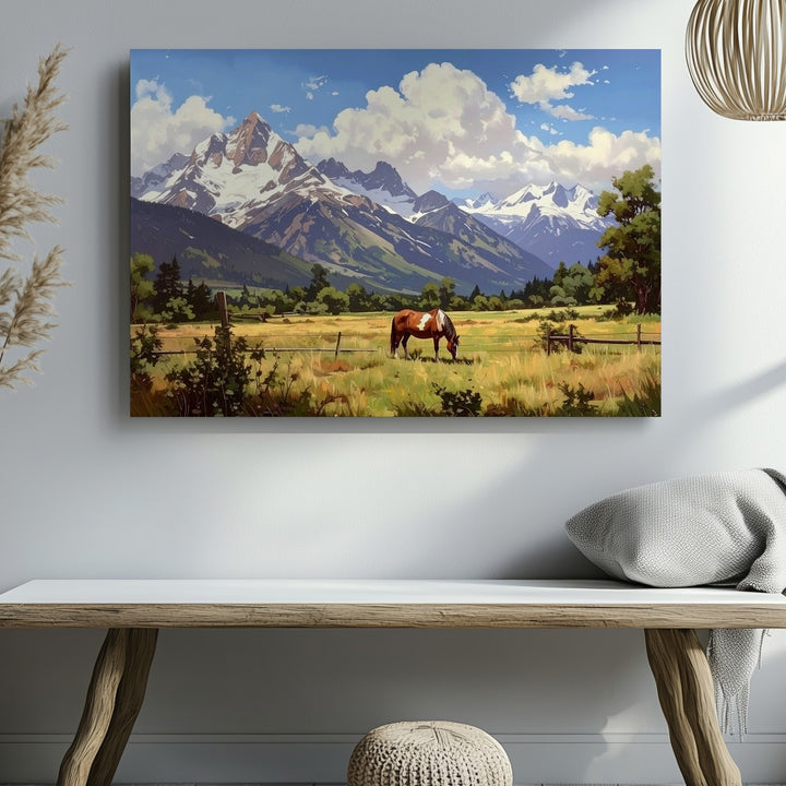 Serene Grazing Horse Canvas – Peaceful Pastoral Landscape Wall Art - Gifitto