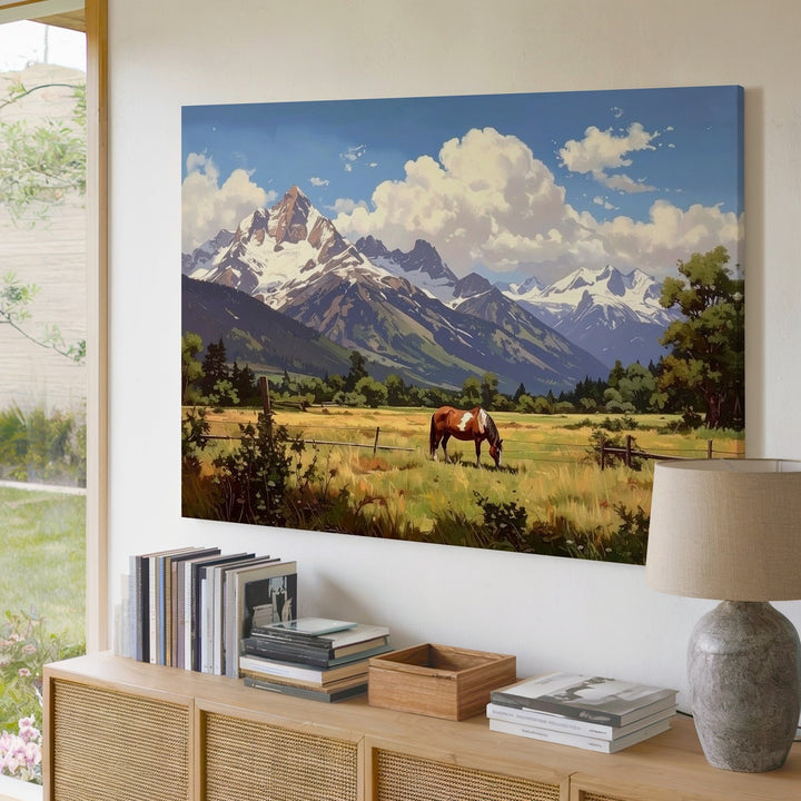 Serene Grazing Horse Canvas – Peaceful Pastoral Landscape Wall Art - Gifitto