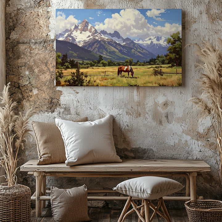 Serene Grazing Horse Canvas – Peaceful Pastoral Landscape Wall Art - Gifitto