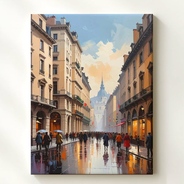 European Street Scene Canvas – Elegant Urban Life in Rainy Afternoon