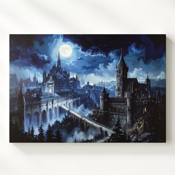 Gothic Moonlit City Canvas – Dark Fantasy Architecture and Bridge Art - Gifitto