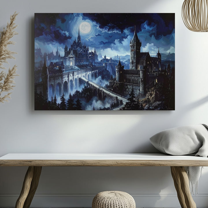 Gothic Moonlit City Canvas – Dark Fantasy Architecture and Bridge Art - Gifitto