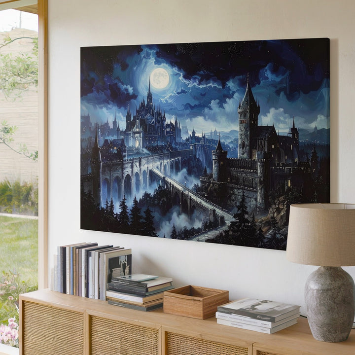 Gothic Moonlit City Canvas – Dark Fantasy Architecture and Bridge Art - Gifitto