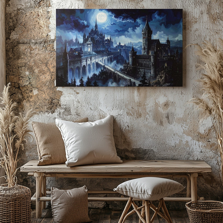 Gothic Moonlit City Canvas – Dark Fantasy Architecture and Bridge Art - Gifitto