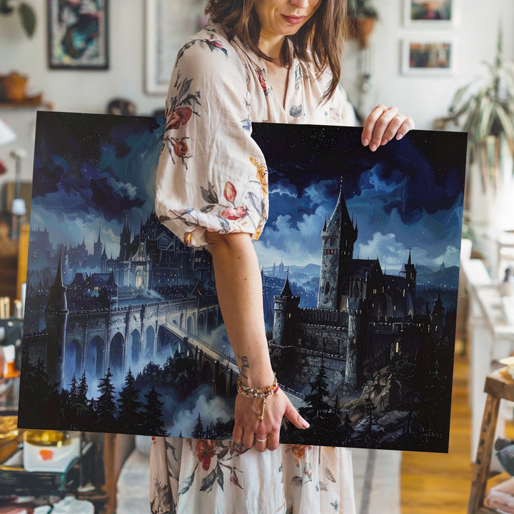 Gothic Moonlit City Canvas – Dark Fantasy Architecture and Bridge Art - Gifitto