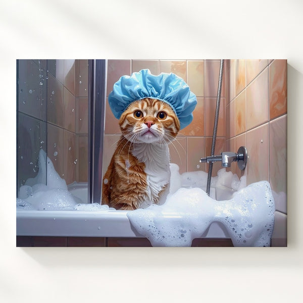 Shower Cat Canvas – Funny Bathroom Cat in Shower Cap Wall Art - Gifitto