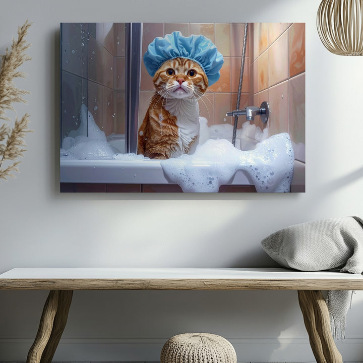 Shower Cat Canvas – Funny Bathroom Cat in Shower Cap Wall Art - Gifitto