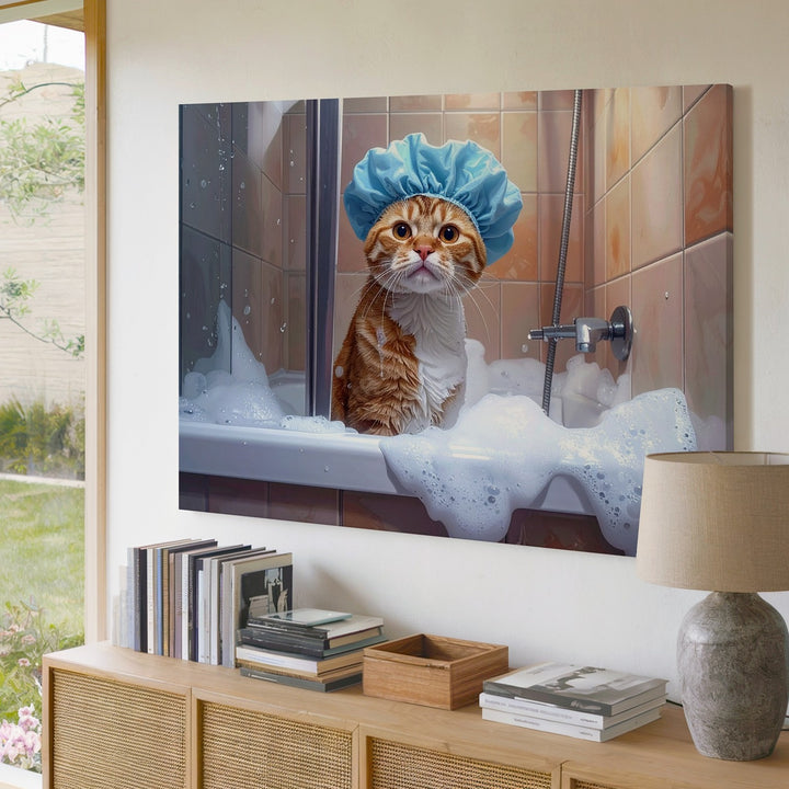 Shower Cat Canvas – Funny Bathroom Cat in Shower Cap Wall Art - Gifitto