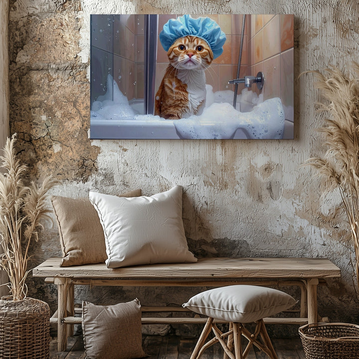 Shower Cat Canvas – Funny Bathroom Cat in Shower Cap Wall Art - Gifitto