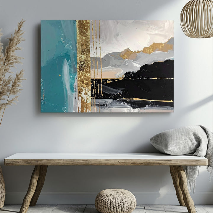 Turquoise & Gold Abstract Canvas – Contemporary Color Block Wall Art - Gifitto