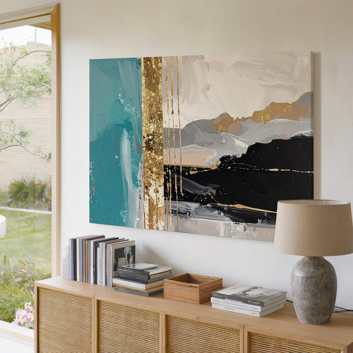 Turquoise & Gold Abstract Canvas – Contemporary Color Block Wall Art - Gifitto