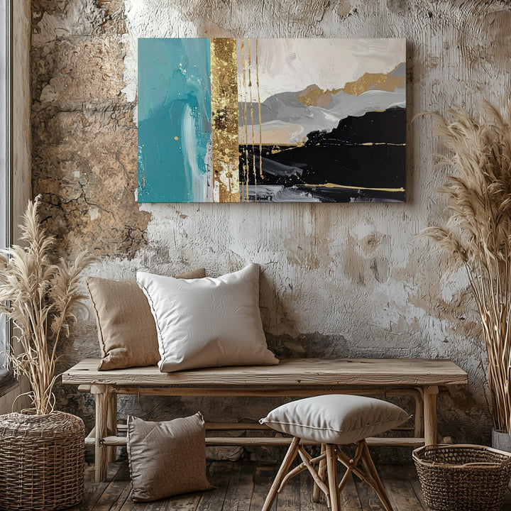 Turquoise & Gold Abstract Canvas – Contemporary Color Block Wall Art - Gifitto