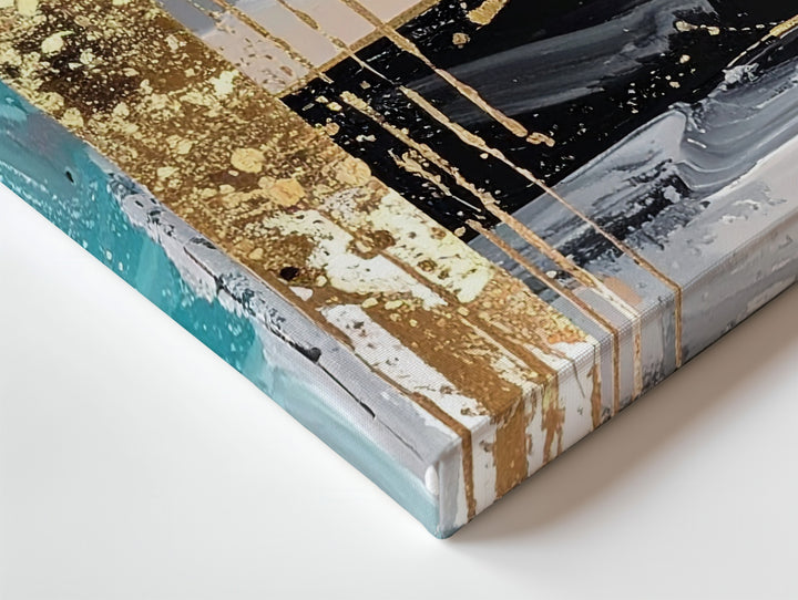 Turquoise & Gold Abstract Canvas – Contemporary Color Block Wall Art - Gifitto