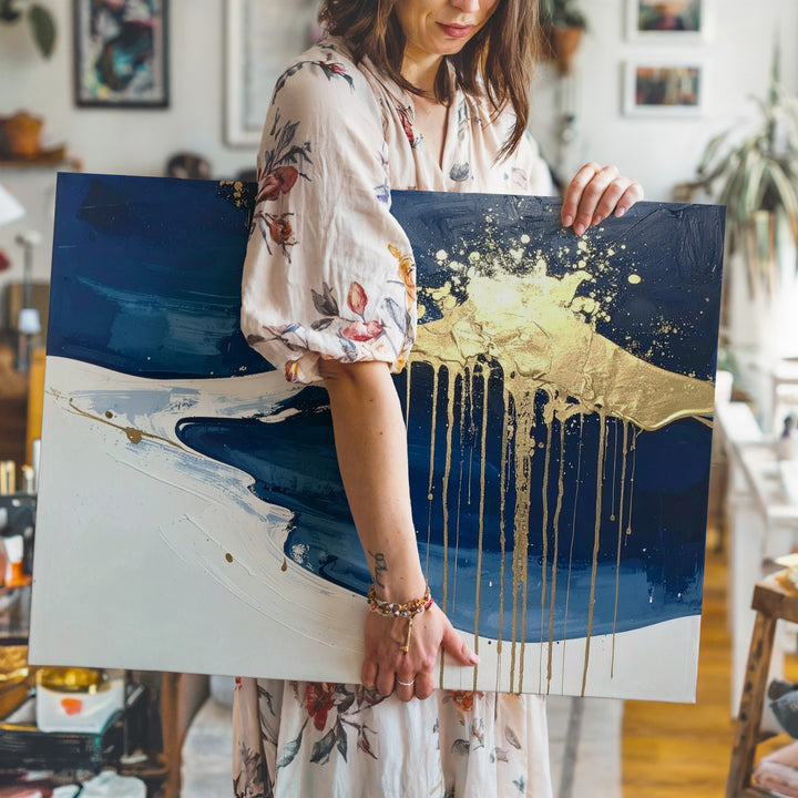 Midnight Gold Drip Canvas – Modern Luxe Abstract Wall Art - Gifitto