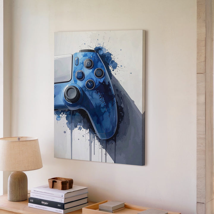 Blue Gamer Pulse Canvas – Watercolor Video Game Controller Wall Art - Gifitto