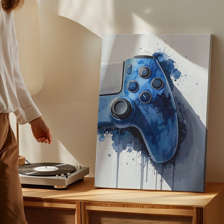 Blue Gamer Pulse Canvas – Watercolor Video Game Controller Wall Art - Gifitto