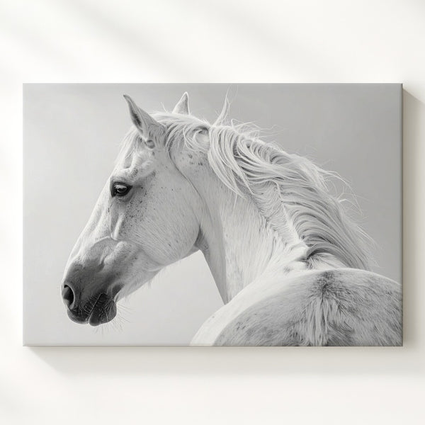 Elegant White Horse Canvas – Minimalist High-Contrast Horse Portrait Art - Gifitto