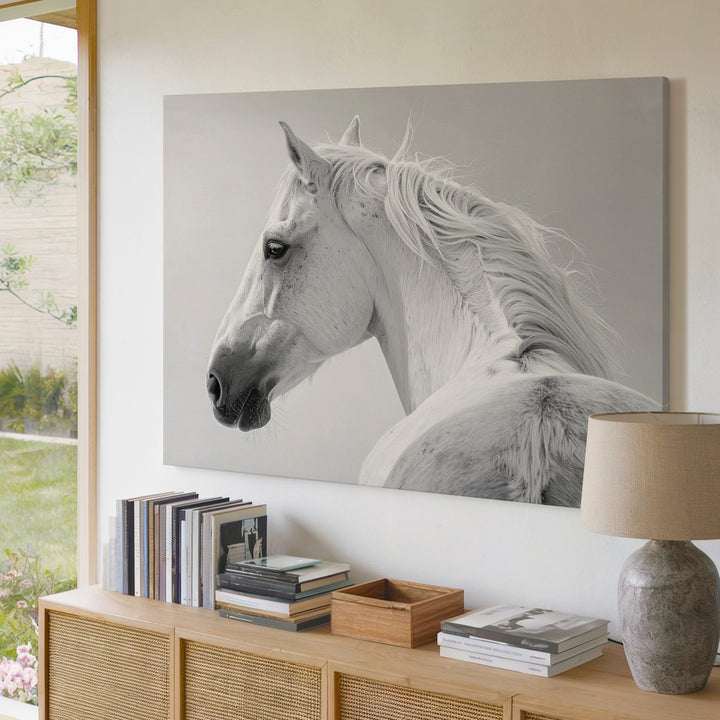 Elegant White Horse Canvas – Minimalist High-Contrast Horse Portrait Art - Gifitto