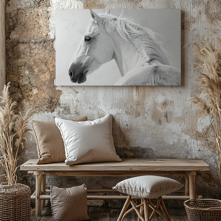 Elegant White Horse Canvas – Minimalist High-Contrast Horse Portrait Art - Gifitto