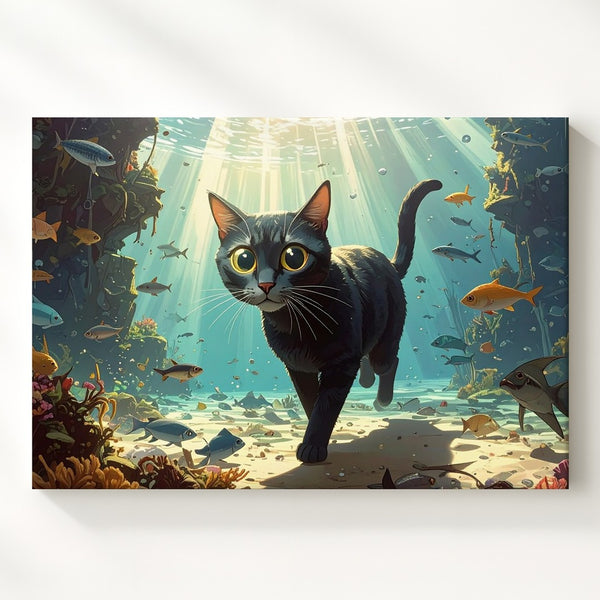 Underwater Black Cat Canvas – Surreal Ocean Fantasy Feline Art - Gifitto