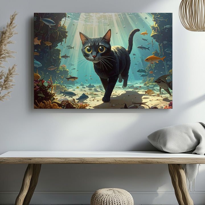 Underwater Black Cat Canvas – Surreal Ocean Fantasy Feline Art - Gifitto