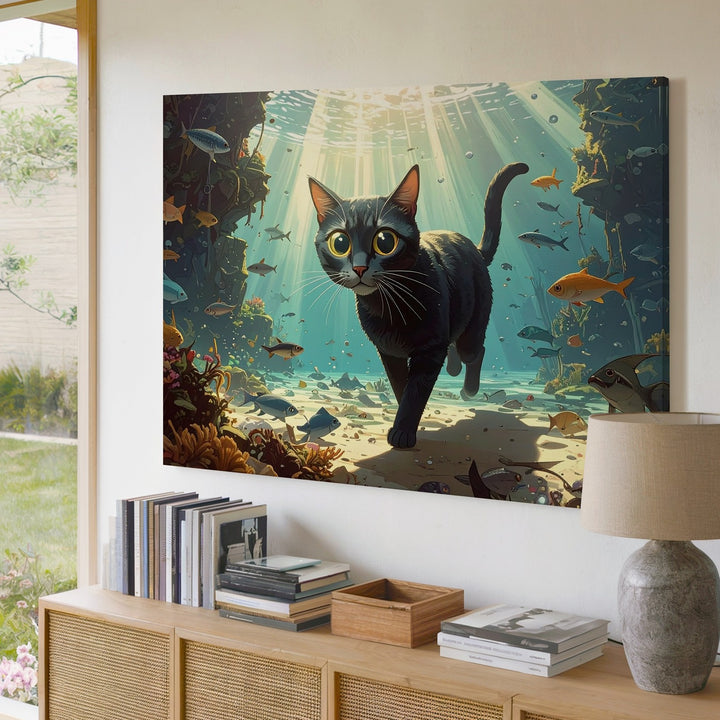 Underwater Black Cat Canvas – Surreal Ocean Fantasy Feline Art - Gifitto