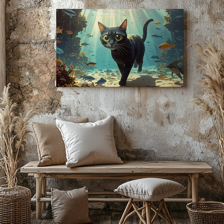 Underwater Black Cat Canvas – Surreal Ocean Fantasy Feline Art - Gifitto