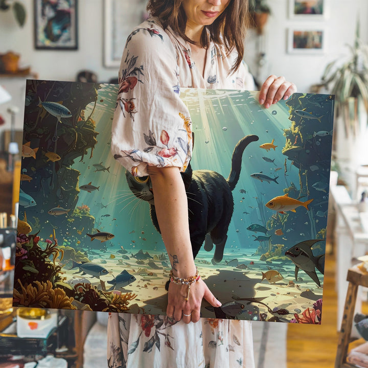 Underwater Black Cat Canvas – Surreal Ocean Fantasy Feline Art - Gifitto