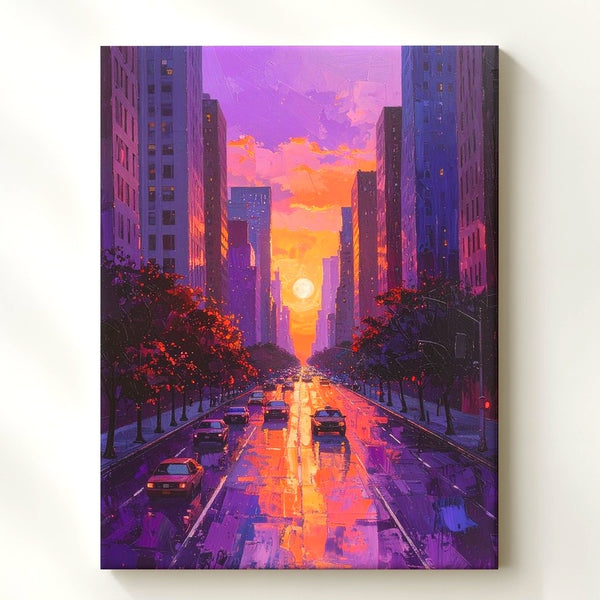 City Sunset Canvas – Impressionistic Urban Scene with Skyscrapers and Reflections