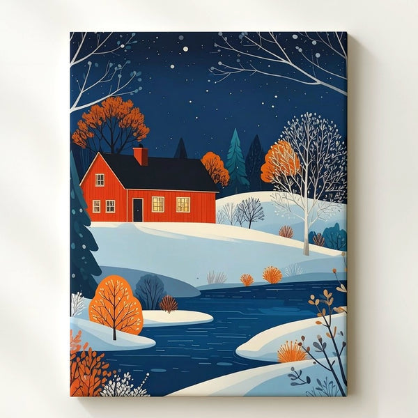 Whimsical Winter House Canvas – Cozy Nighttime Village Art