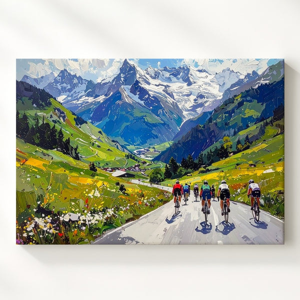 Cycling Race Through Alpine Pass Canvas – Impressionistic Mountain Landscape Art - Gifitto