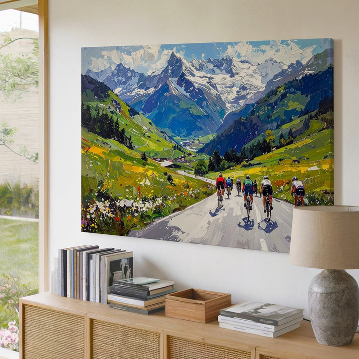Cycling Race Through Alpine Pass Canvas – Impressionistic Mountain Landscape Art - Gifitto