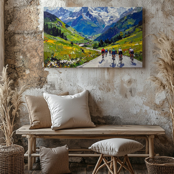 Cycling Race Through Alpine Pass Canvas – Impressionistic Mountain Landscape Art - Gifitto