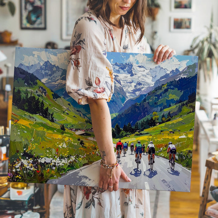 Cycling Race Through Alpine Pass Canvas – Impressionistic Mountain Landscape Art - Gifitto