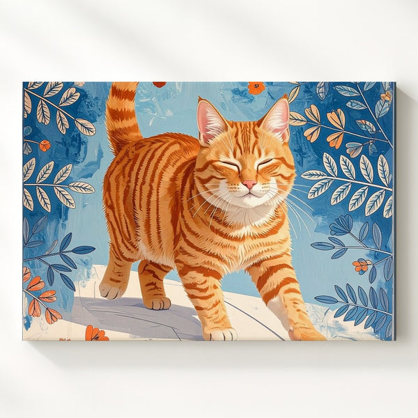 Happy Tabby Cat Canvas – Folk Floral Joyful Feline Art - Gifitto