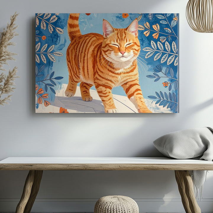 Happy Tabby Cat Canvas – Folk Floral Joyful Feline Art - Gifitto