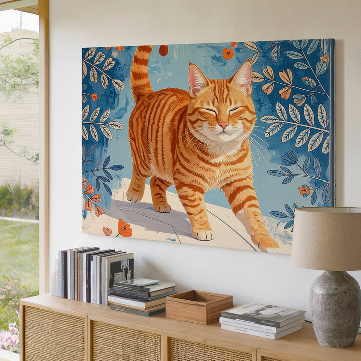Happy Tabby Cat Canvas – Folk Floral Joyful Feline Art - Gifitto