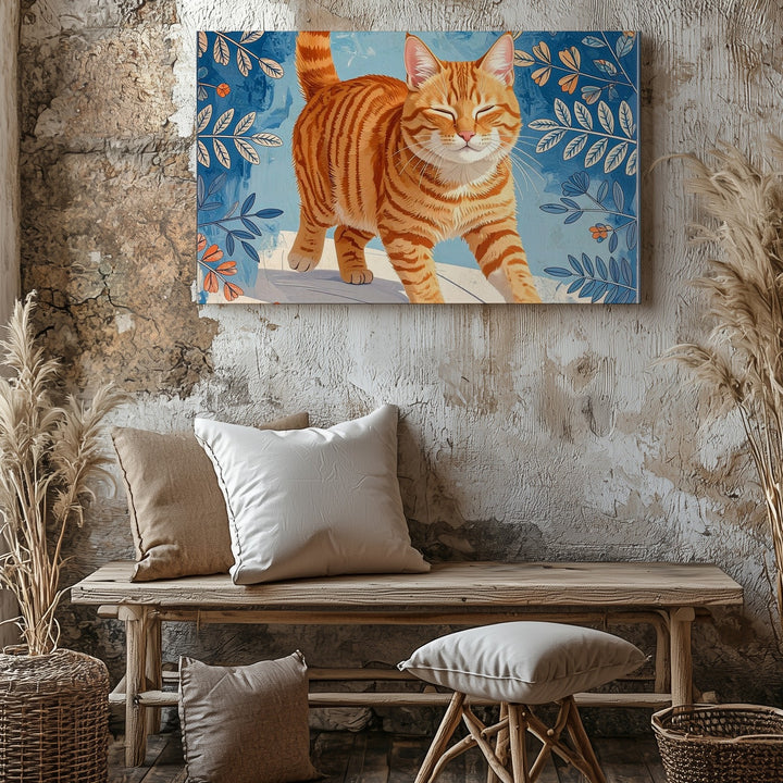 Happy Tabby Cat Canvas – Folk Floral Joyful Feline Art - Gifitto