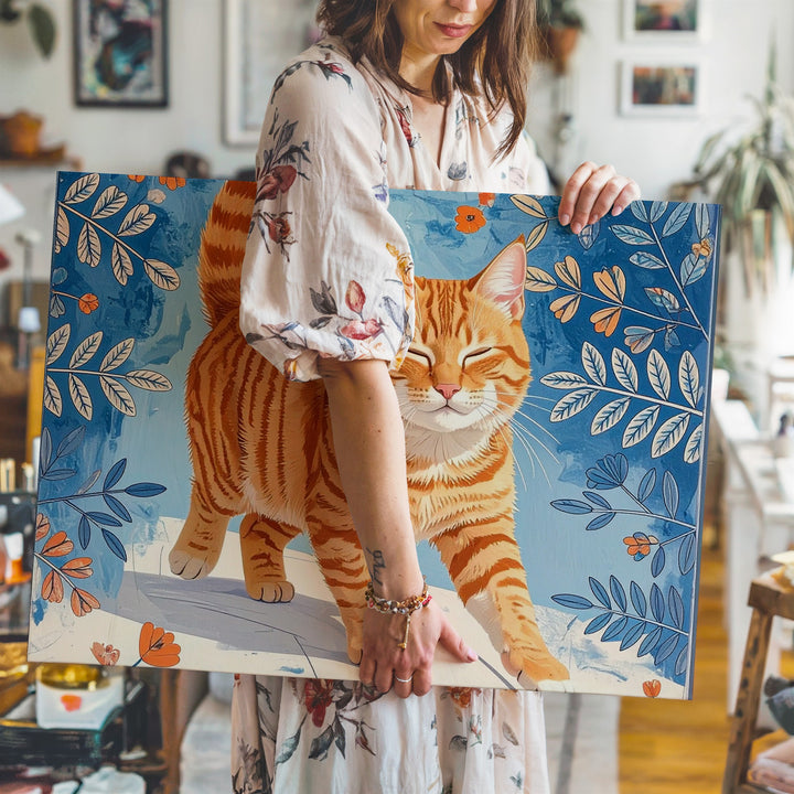 Happy Tabby Cat Canvas – Folk Floral Joyful Feline Art - Gifitto