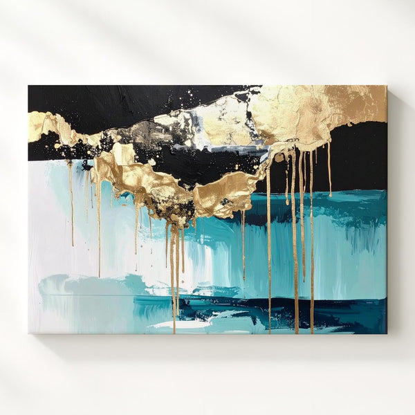 Black Aqua Gold Drip Canvas – Modern Abstract Minimalist Wall Art - Gifitto