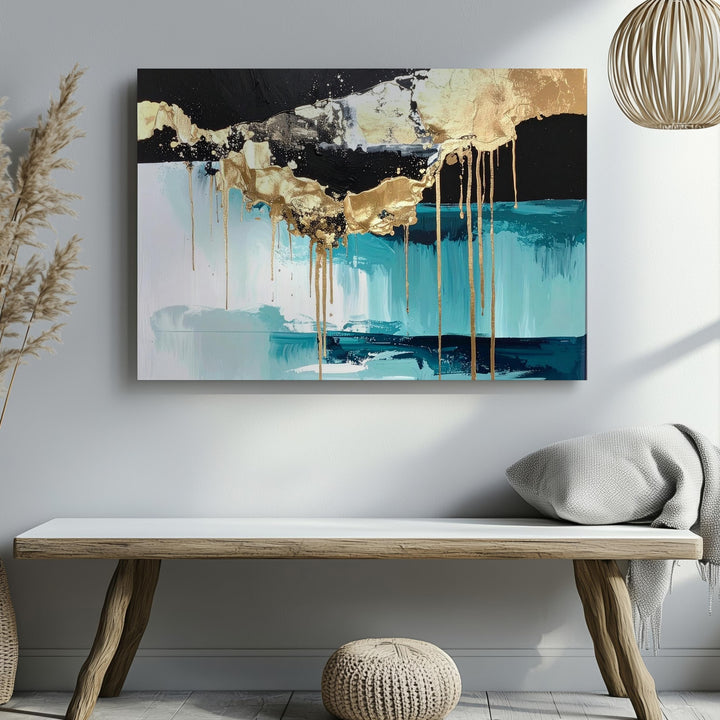 Black Aqua Gold Drip Canvas – Modern Abstract Minimalist Wall Art - Gifitto