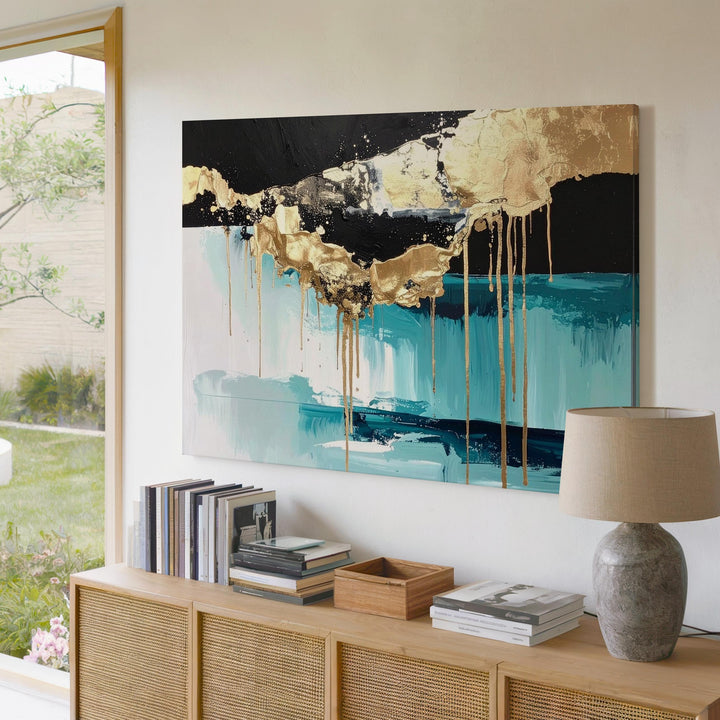 Black Aqua Gold Drip Canvas – Modern Abstract Minimalist Wall Art - Gifitto