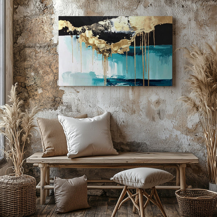 Black Aqua Gold Drip Canvas – Modern Abstract Minimalist Wall Art - Gifitto