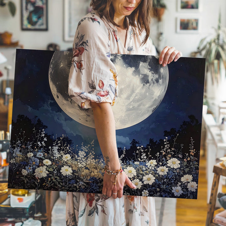 Moonlit Floral Dream Canvas – Mystical Nighttime Landscape Art - Gifitto