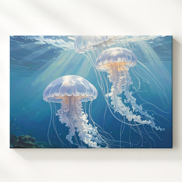Tranquil Luminescence Jellyfish Canvas – Serene Underwater Meditation Art